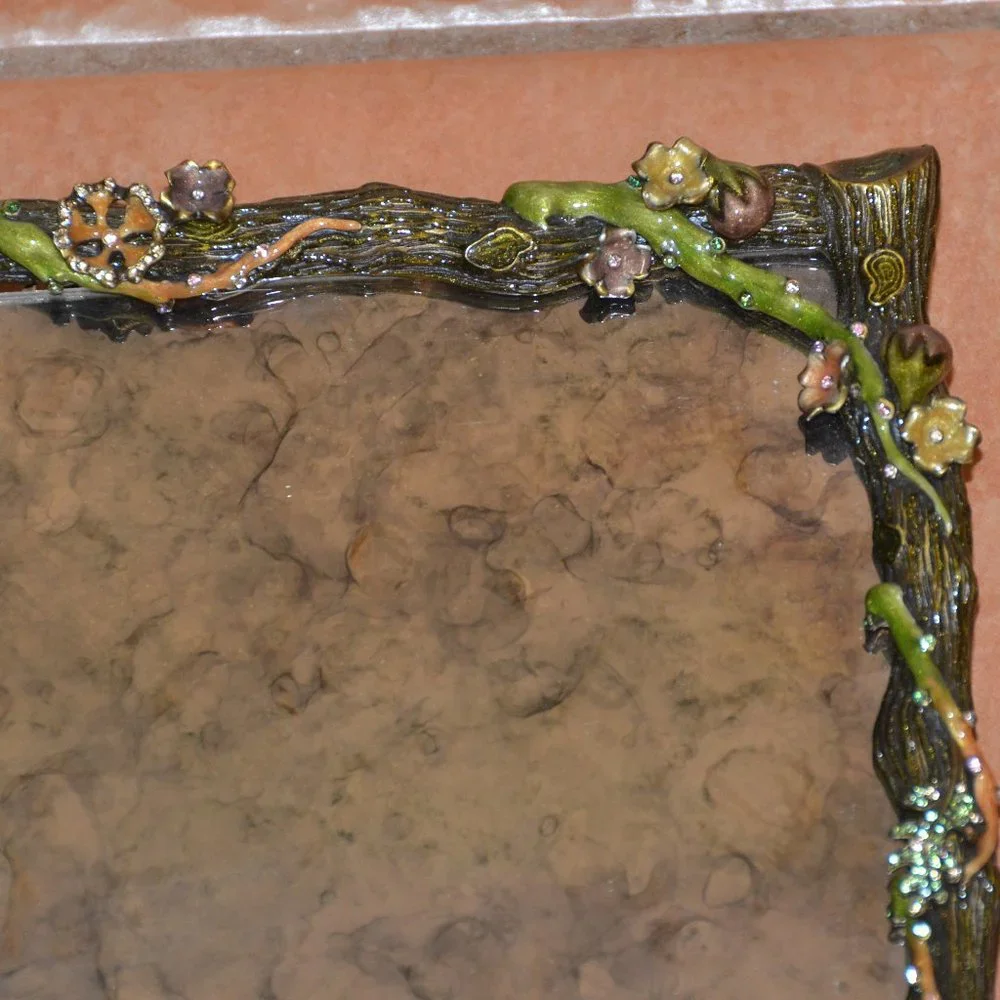 JAY STRONGWATER AUTUMN LEAF TWIG ACORN CRYSTAL ENAMEL MIRROR VANITY TRAY